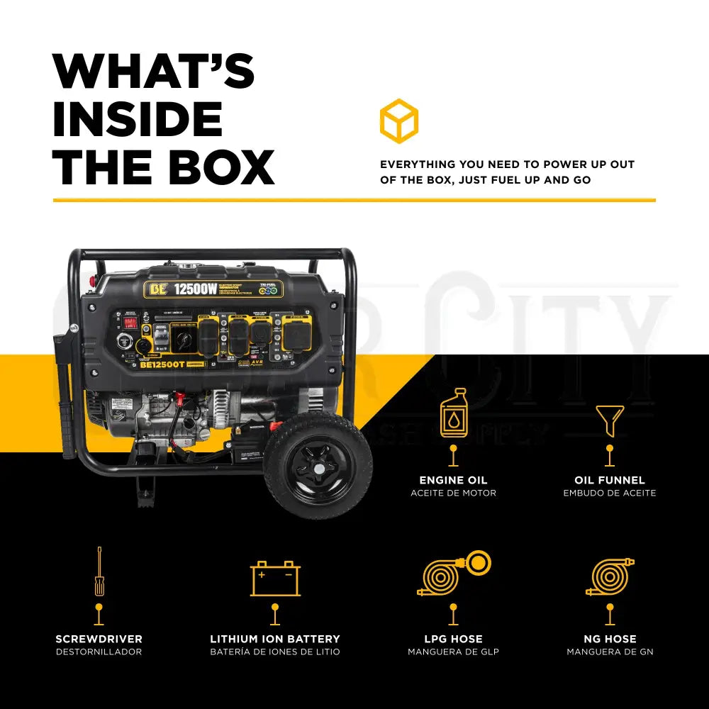 12,500 Watt BE Electric Start Tri-Fuel Generator Generator Cigarcity Softwash.