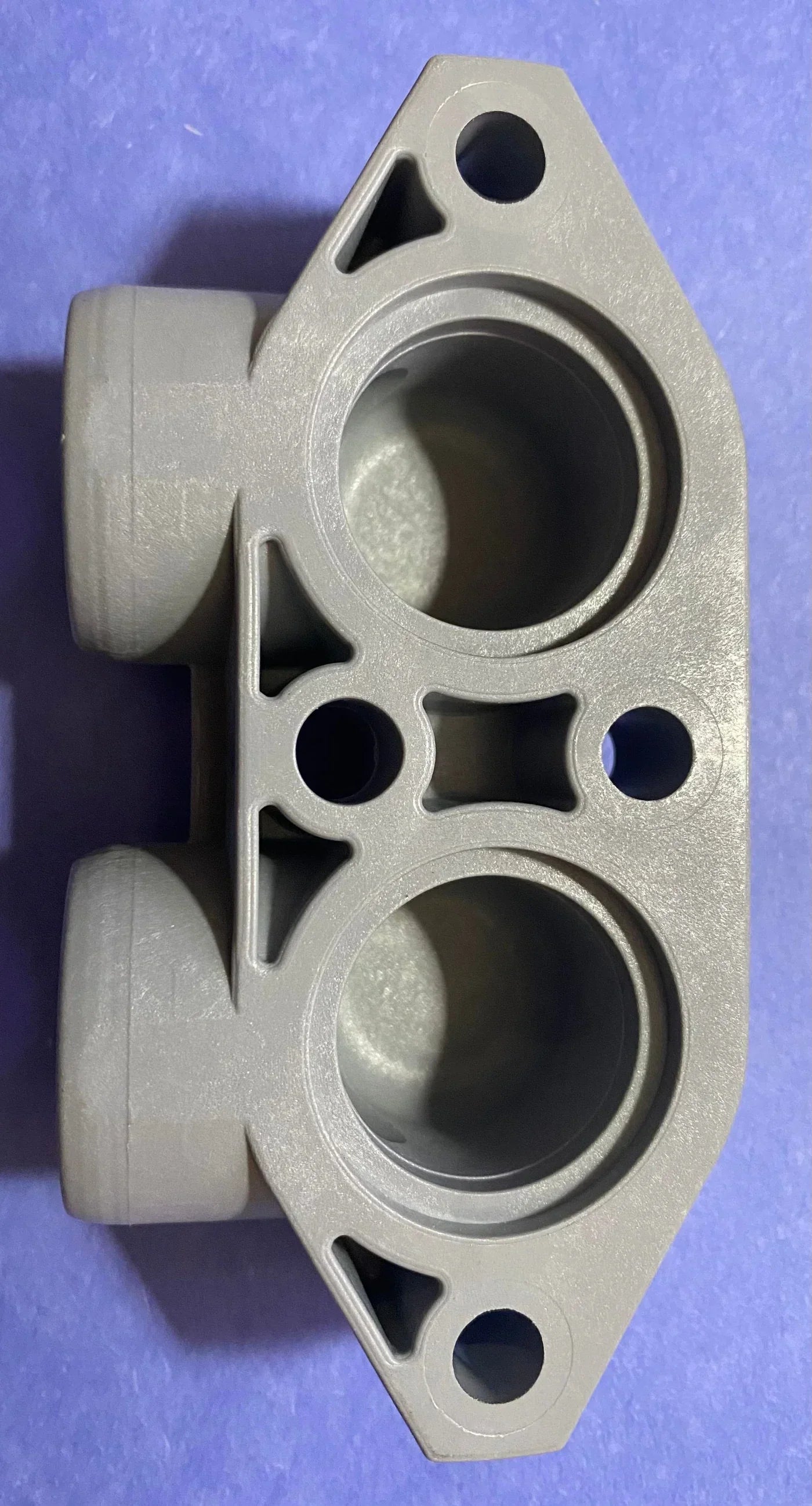 Gray plastic softwash equipment manifold with dual ports and mounting holes