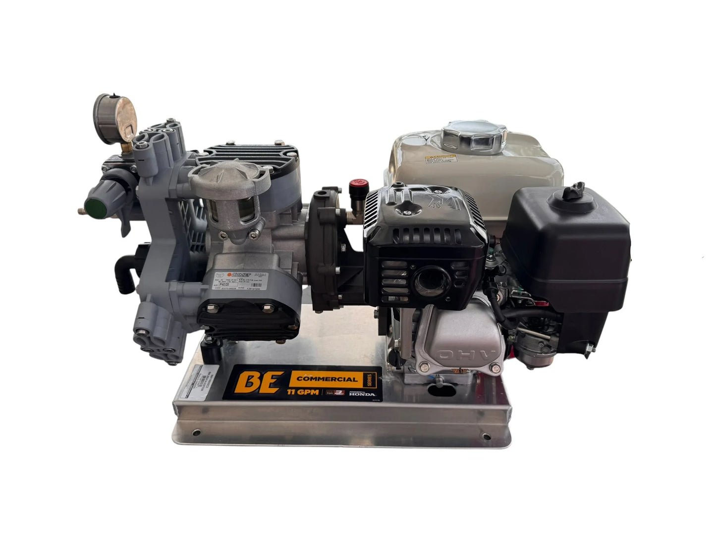 Commercial 11 GPM softwash pressure washer with Honda engine and Comet pump, ideal for professional cleaning.