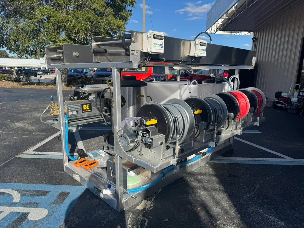 Professional softwash equipment with hose reels and pressure system for exterior cleaning solutions