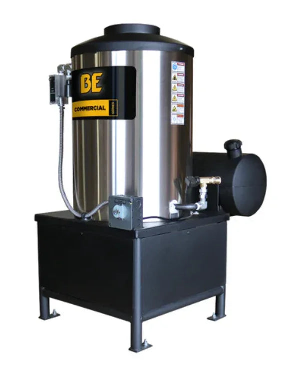 Commercial softwash equipment with stainless steel tank and black base for professional cleaning solutions