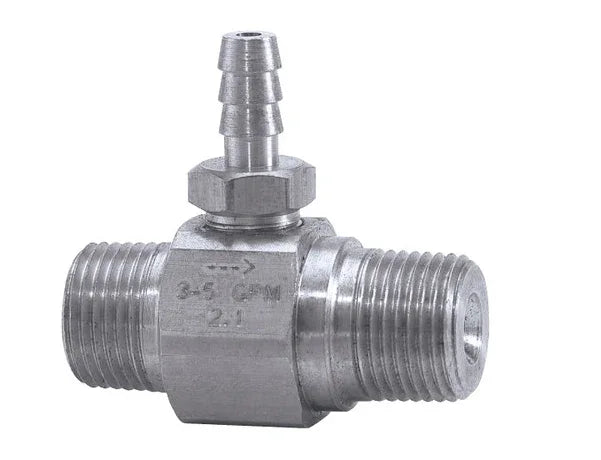 Stainless steel softwash chemical injector valve with 3-5 GPM flow, threaded connections, and barb fitting