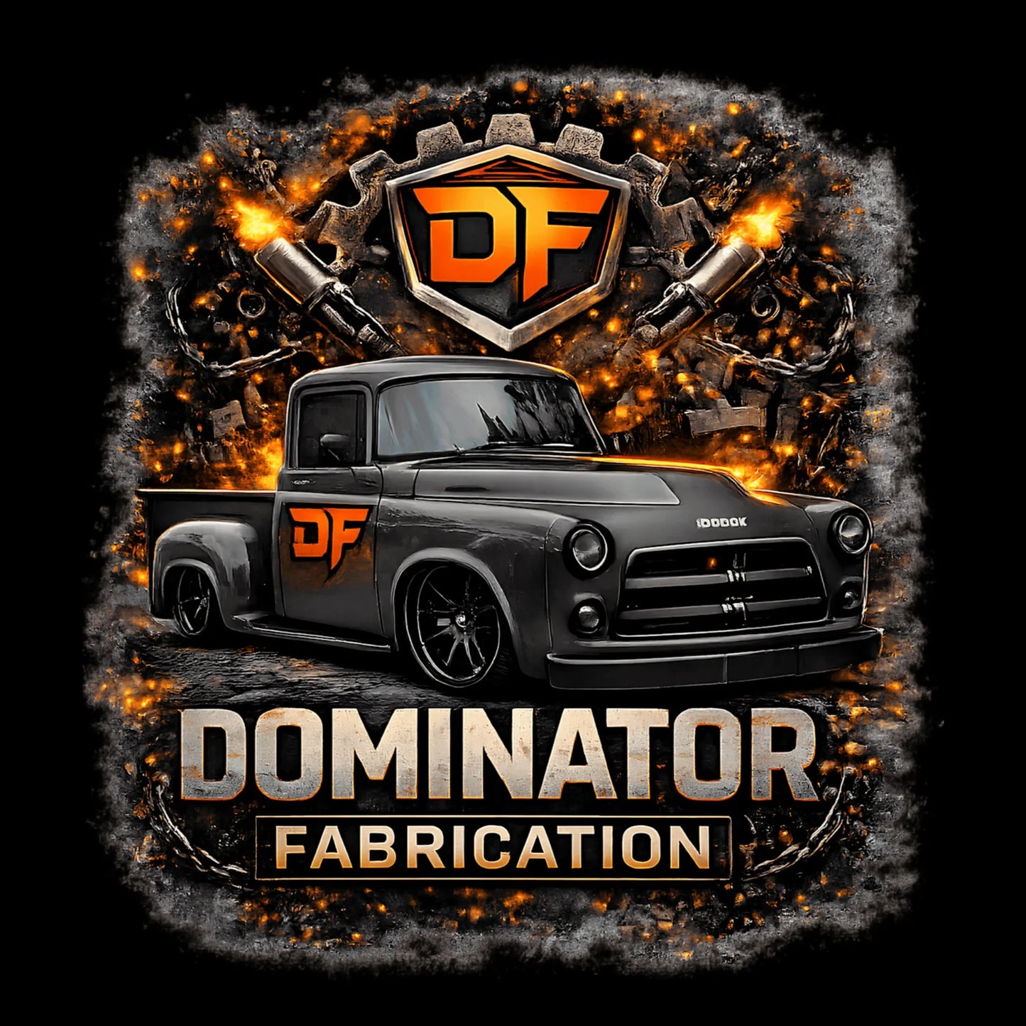 Dominator Fabrication DF logo with classic truck, gear, and flames design