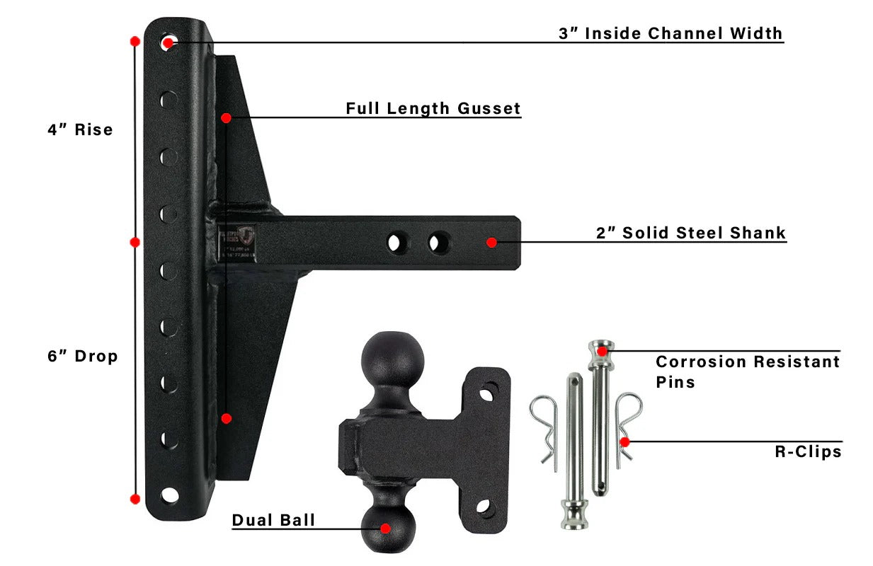 2.0″ Heavy Duty Offset Hitch – 4″ & 6″ Drop/Rise – Bulletproof Hitches – Adjustable Dual Ball Mount