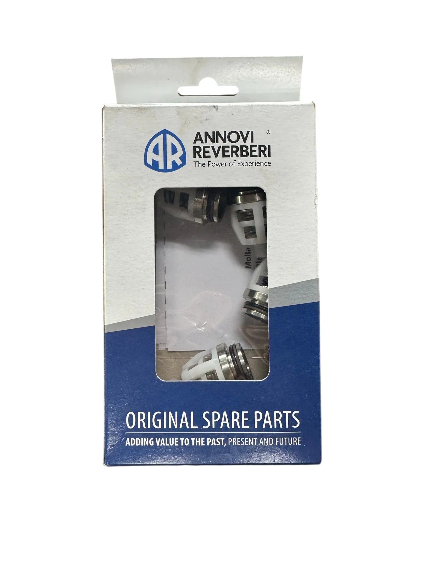 Annovi Reverberi original spare parts for softwash equipment, white and blue packaging with clear window