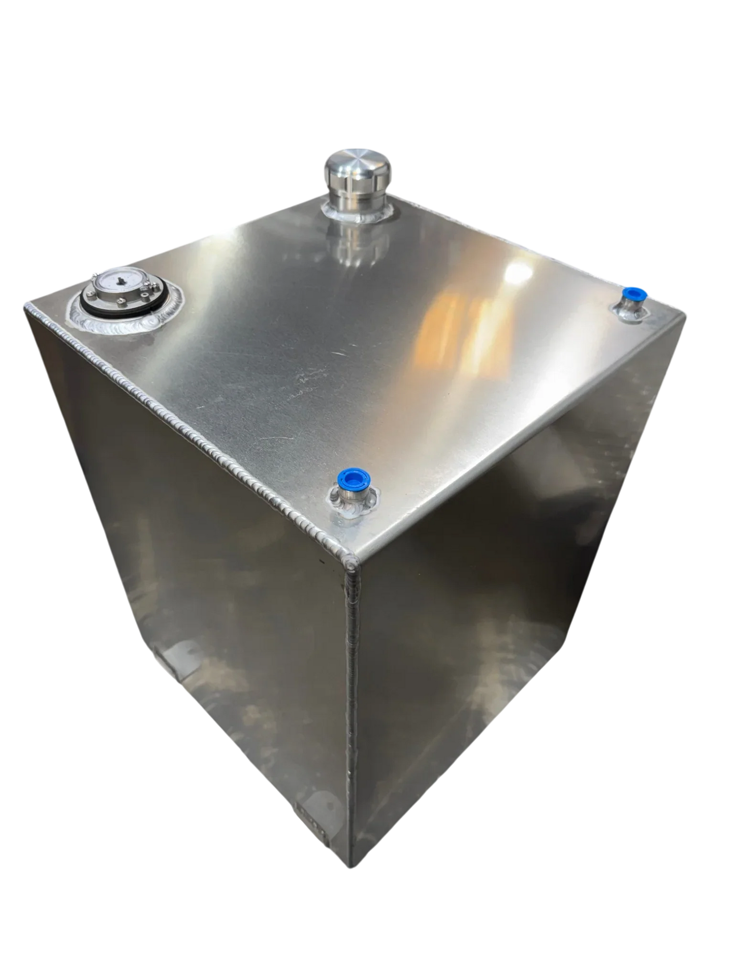 Stainless steel softwash tank with blue fittings and pressure gauge for professional cleaning equipment