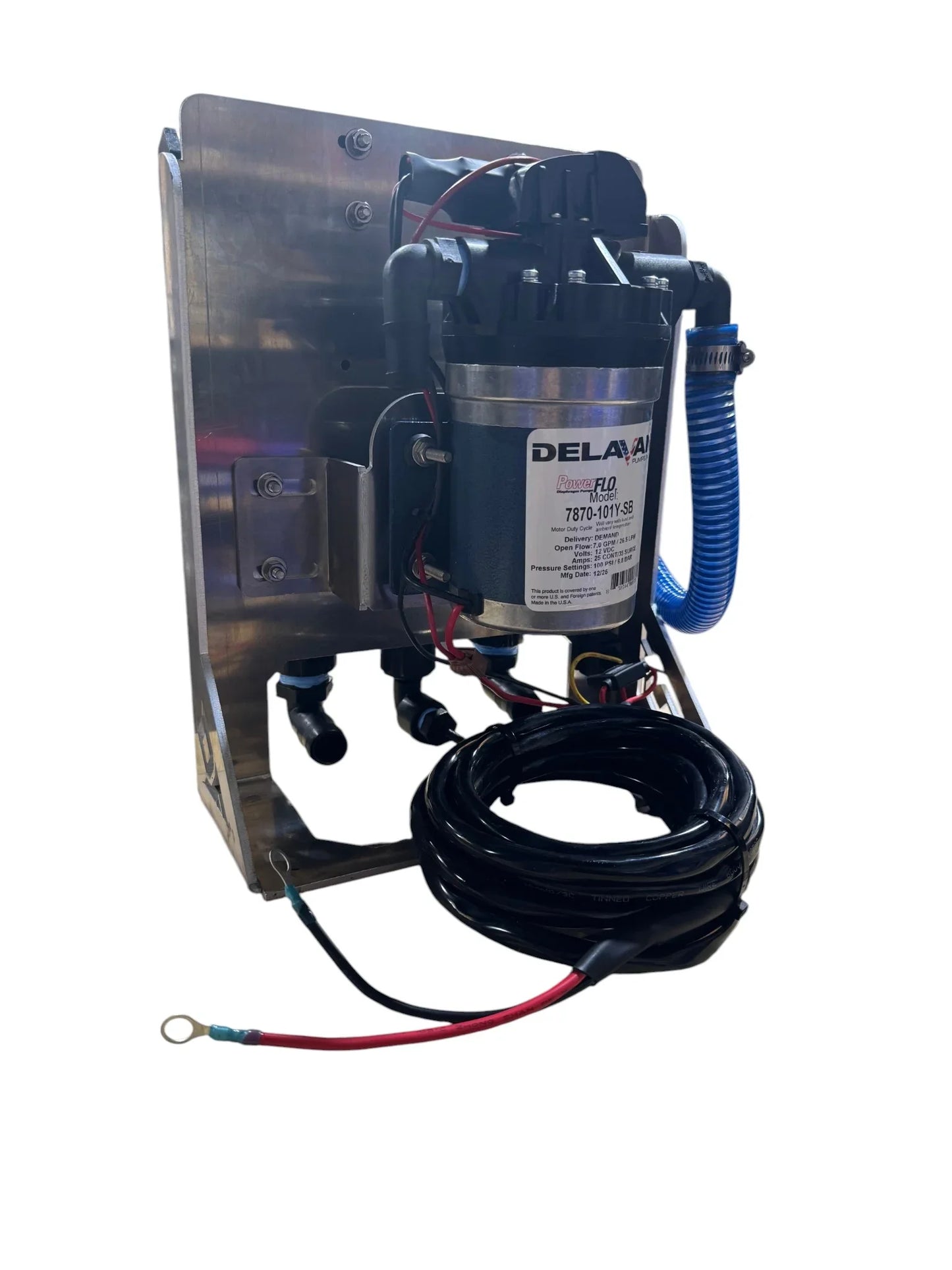 Delavan PowerFLO 7870-101Y-SB softwash pump with stainless mount, hoses, and wiring for professional cleaning systems