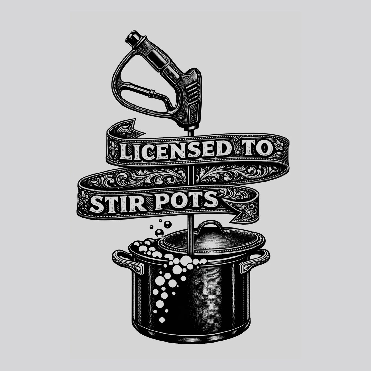 Softwash pressure washer nozzle stirring pot with 'Licensed to Stir Pots' banner, vintage illustration