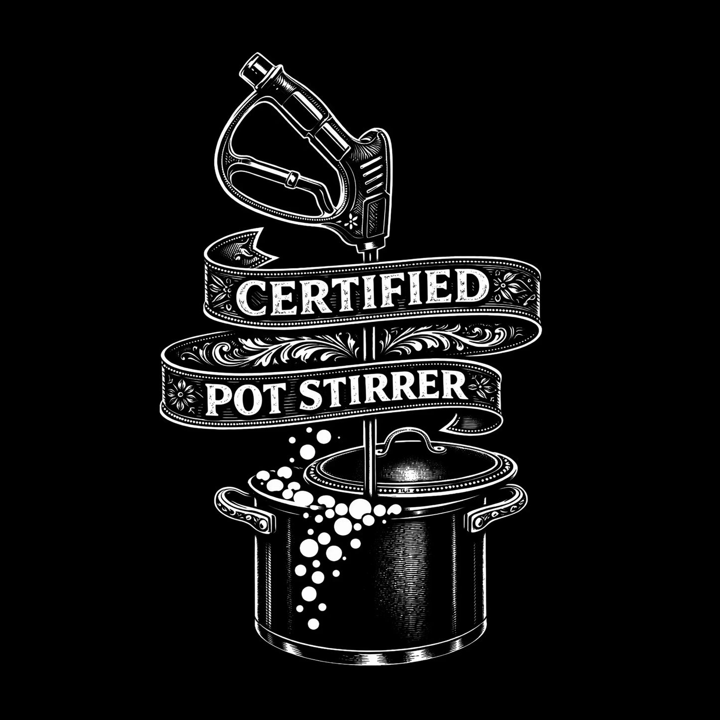 Certified Pot Stirrer softwash equipment illustration with pressure washer gun and pot