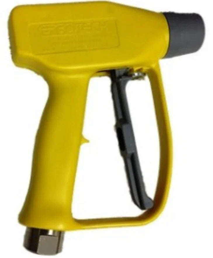 Yellow softwash spray gun with black trigger and nozzle for pressure washing equipment
