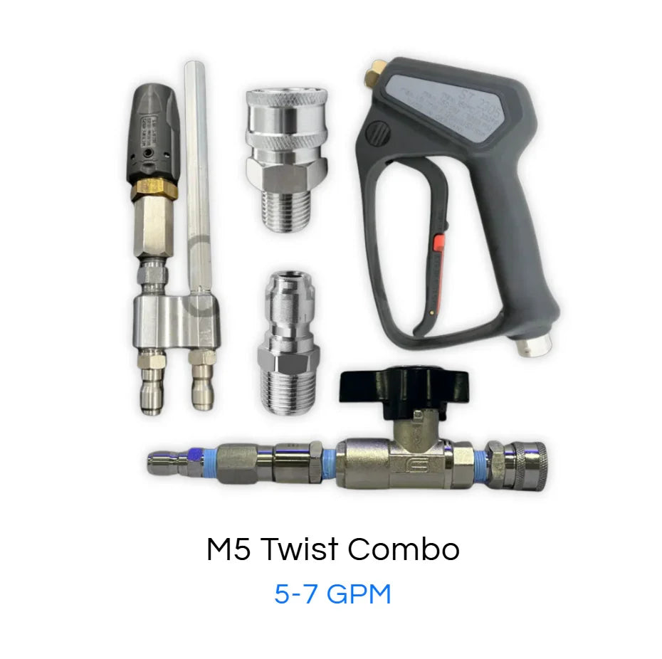 M5 Twist Combo softwash equipment with 5-7 GPM spray gun, nozzles, and connectors for professional cleaning