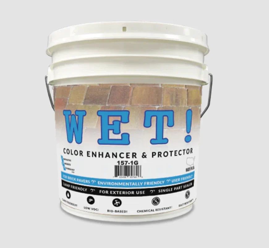 WET! Color Enhancer & Protector for brick pavers, eco-friendly exterior sealer in white bucket