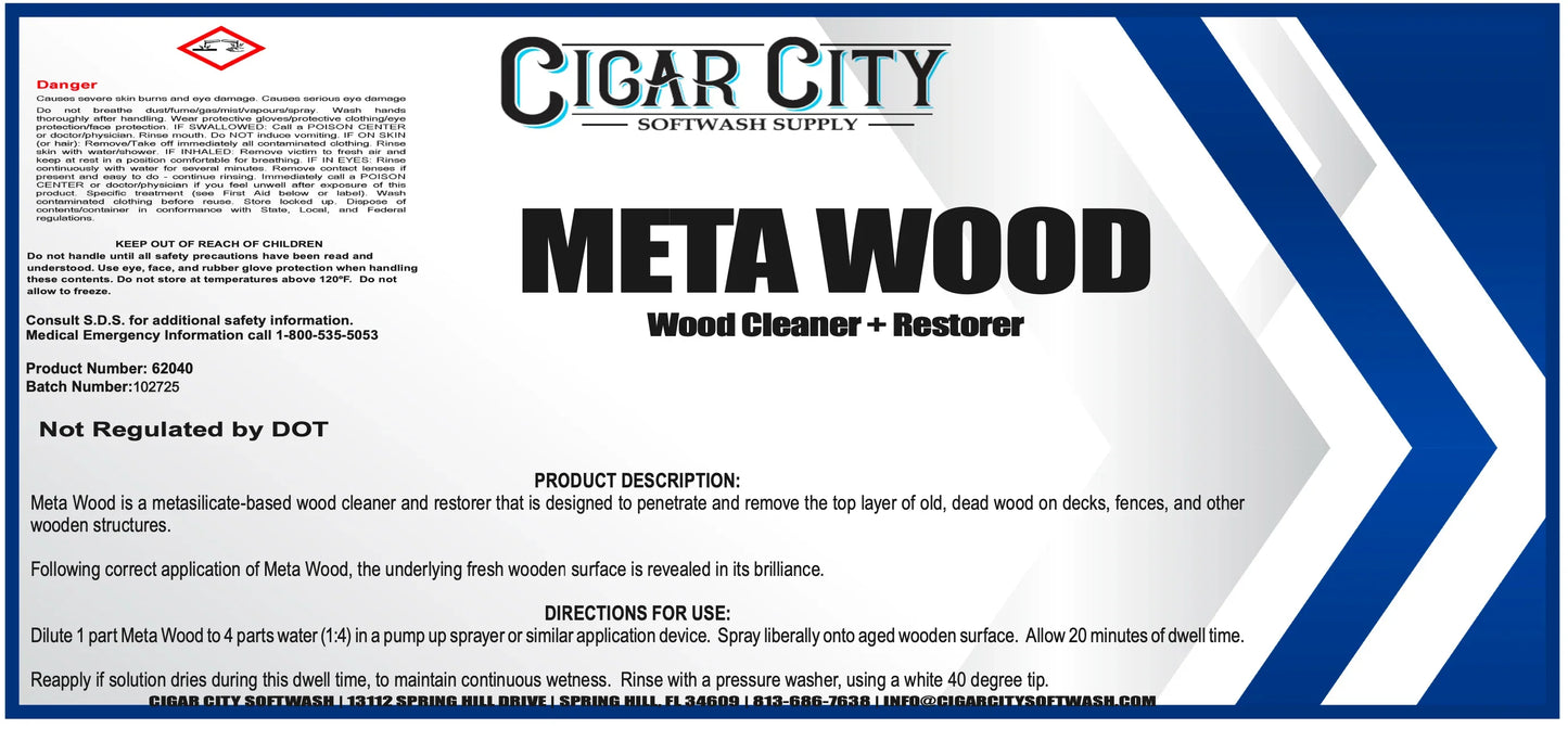 Meta Wood Wood Cleaner + Restorer for decks and fences, softwash equipment product label