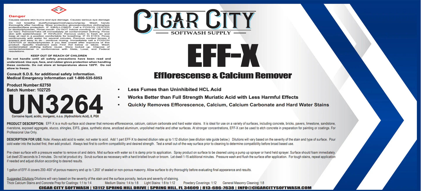 EFF-X Efflorescence & Calcium Remover for softwash cleaning, removes stains from masonry, brick, concrete