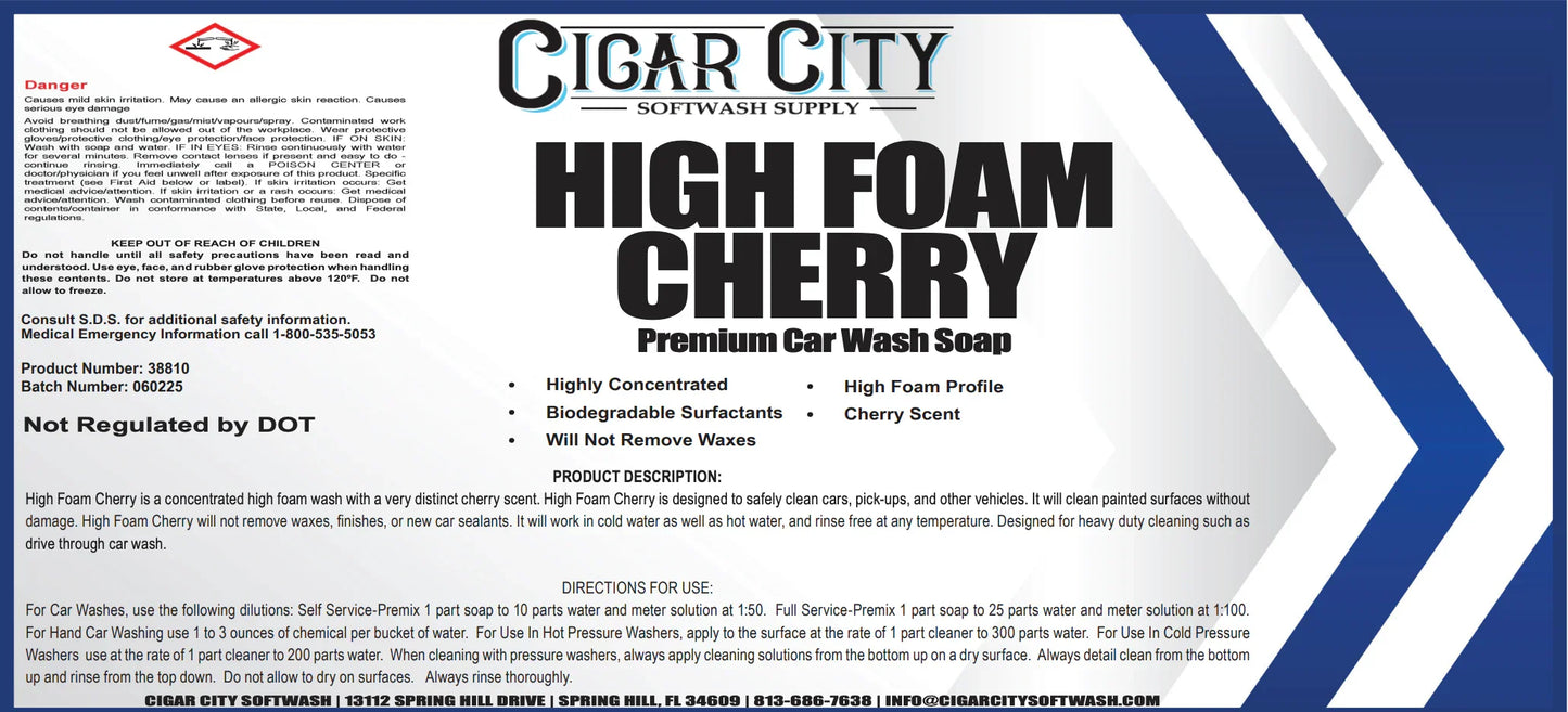 High Foam Cherry Premium Car Wash Soap label with safety info and usage directions for softwash cleaning