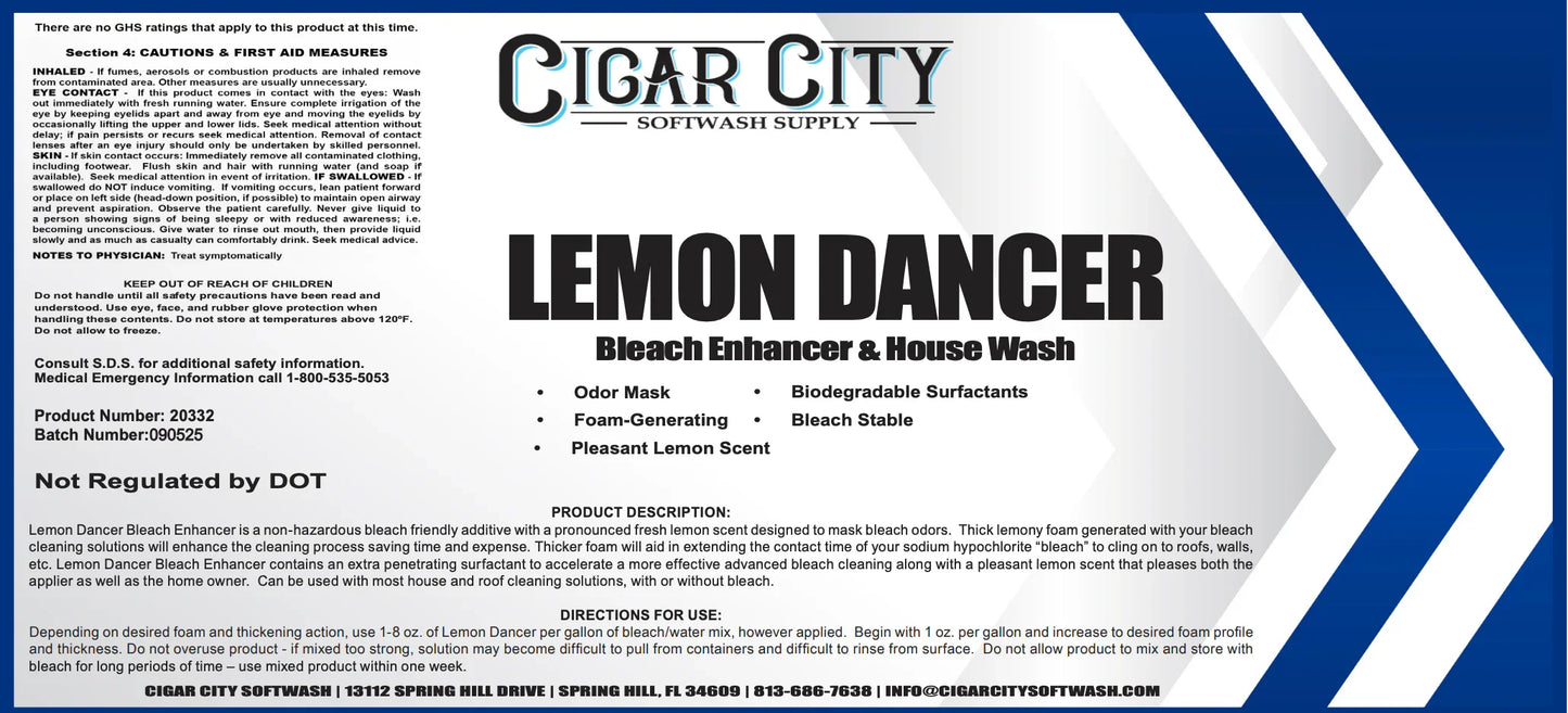 Lemon Dancer bleach enhancer & house wash product label with safety info and usage directions for softwash cleaning