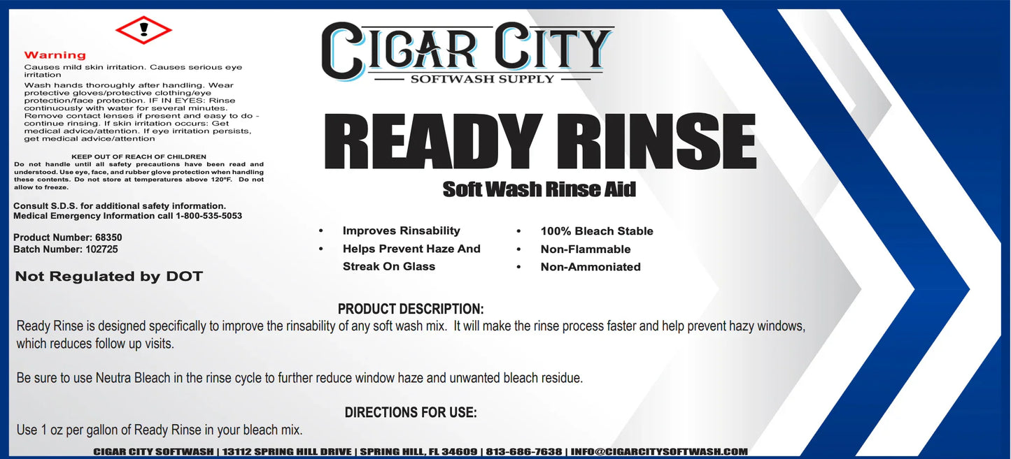 Ready Rinse soft wash rinse aid label with safety info and usage directions for window cleaning