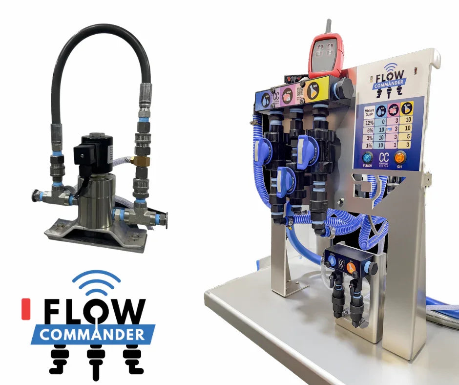 Flow Commander softwash equipment with hoses and control panel for professional cleaning solutions.