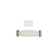 Transparent softwash filter with black end caps, designed for pressure washing equipment