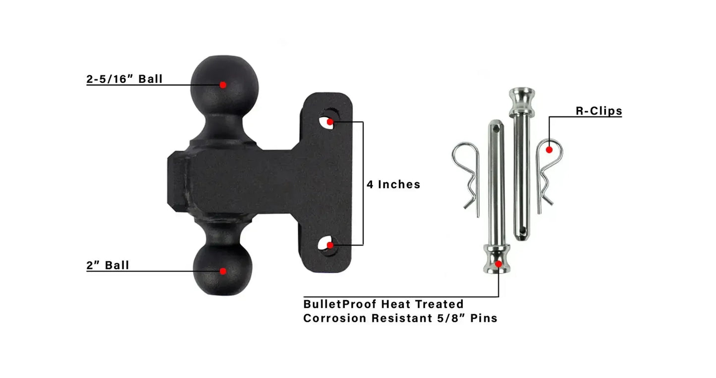2.0″ Heavy Duty Offset Hitch – 4″ & 6″ Drop/Rise – Bulletproof Hitches – Adjustable Dual Ball Mount