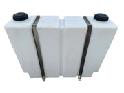 White softwash chemical tank with black caps and metal brackets for professional cleaning equipment
