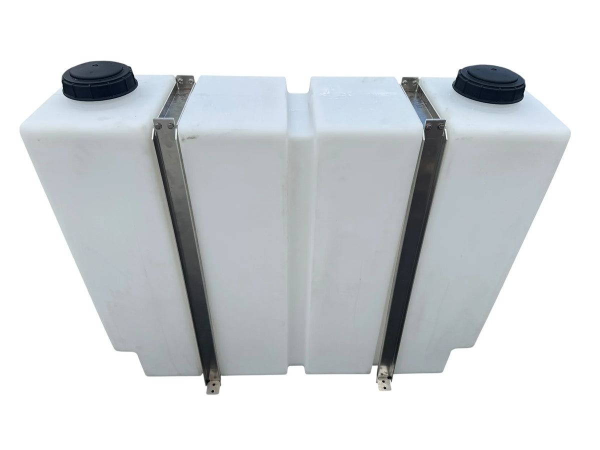 White softwash chemical tank with black caps and metal brackets for professional cleaning equipment
