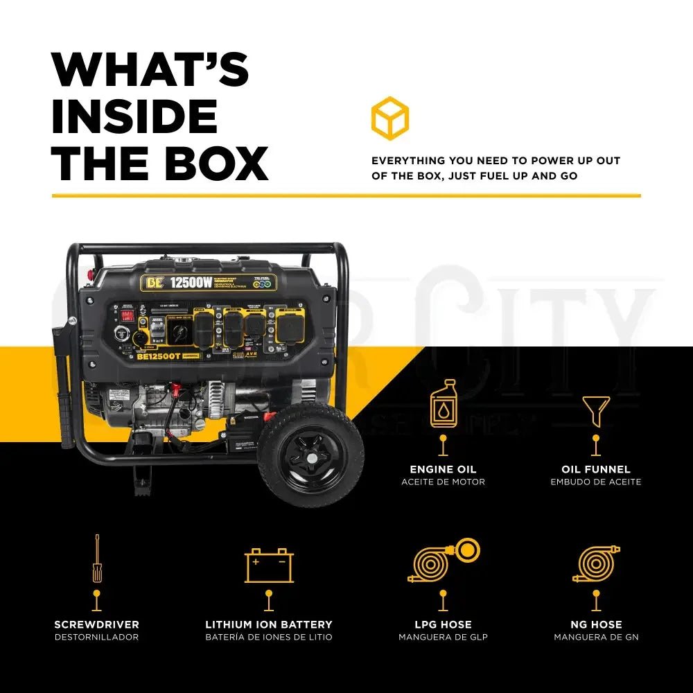 12,500 Watt BE Electric Start Tri-Fuel Generator Generator Cigarcity Softwash.