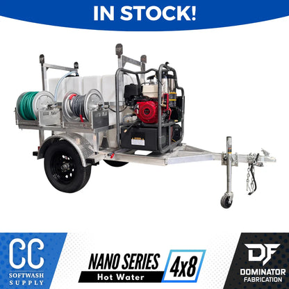 Nano Series 4x8 hot water softwash trailer with hose reels and engine, in stock for cleaning pros