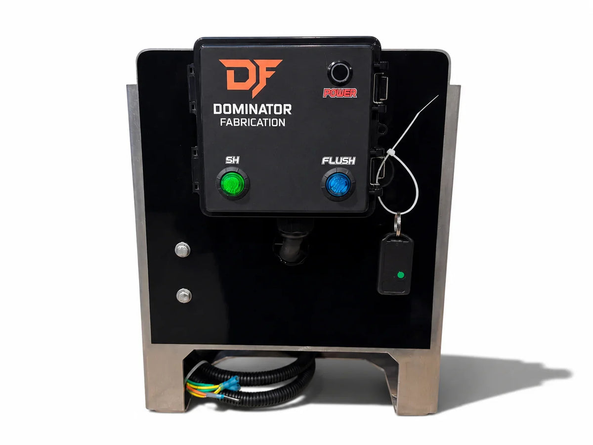 Dominator Fabrication softwash equipment with SH and Flush buttons, power indicator, and control key