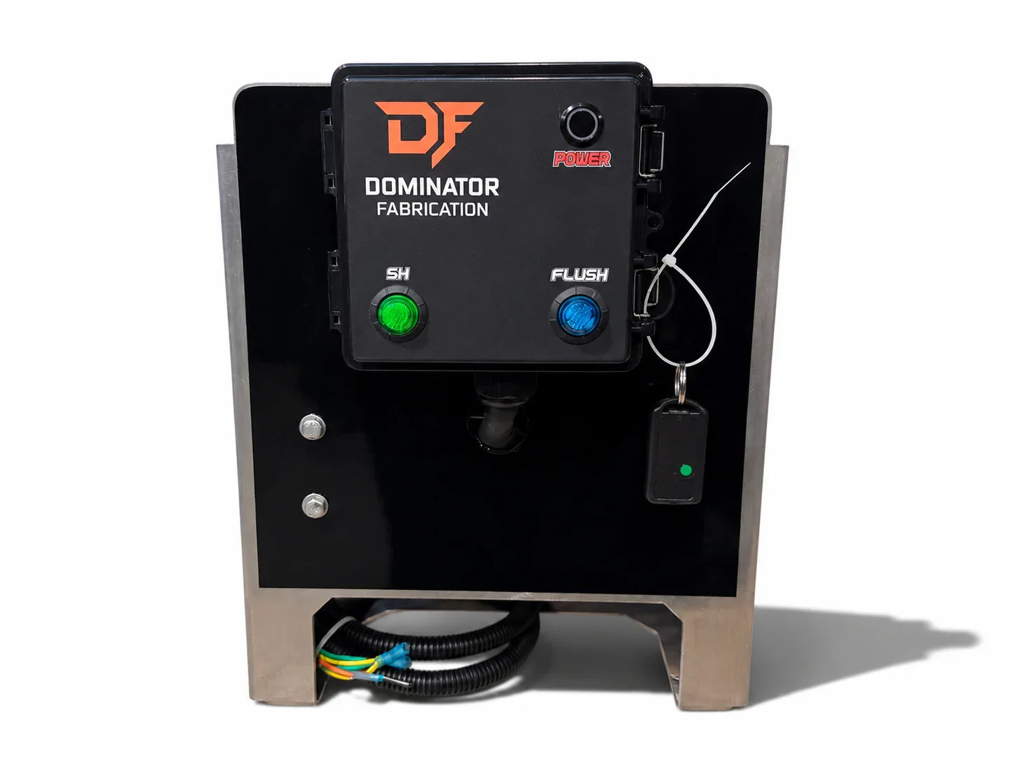 Dominator Fabrication softwash equipment with SH and Flush buttons, power indicator, and control key