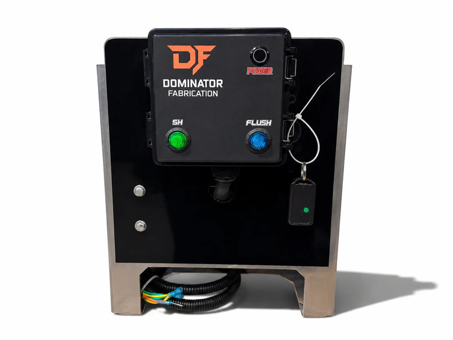 Dominator Fabrication softwash equipment with SH and Flush buttons, power indicator, and control key