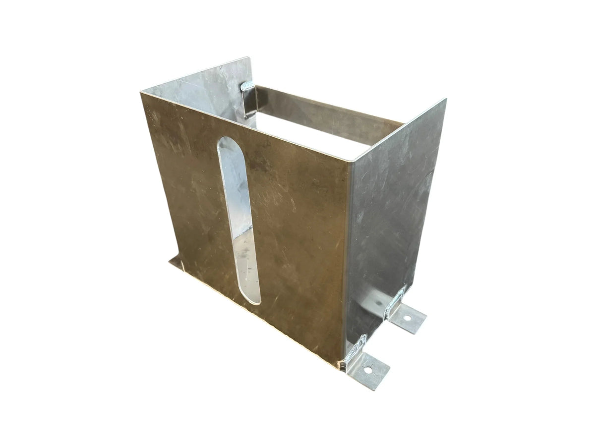 Metal softwash equipment component with mounting brackets and oval cutout
