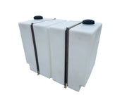 Dual white softwash chemical tanks with black caps and metal brackets for professional cleaning equipment