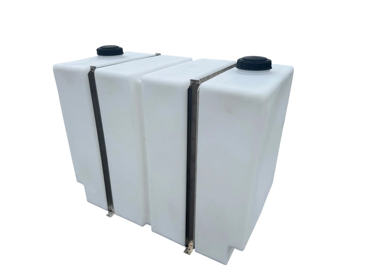 Dual white softwash chemical tanks with black caps and metal brackets for professional cleaning equipment