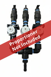 Black softwash chemical injector with blue fittings, proportioner not included