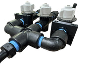 Softwash chemical injection valves with adjustable flow controls and blue hose connectors for pressure washing systems