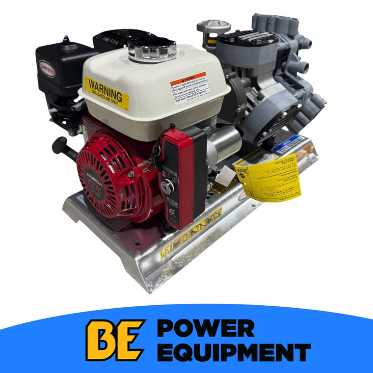 Honda GX gasoline-powered softwash pressure washer pump with Simpson engine and safety labels
