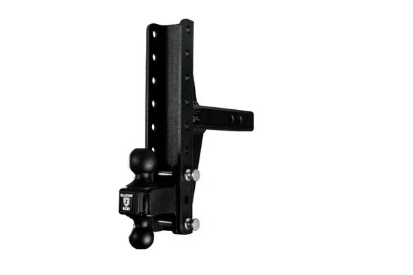 Black heavy-duty trailer hitch with dual ball mounts for softwash equipment towing