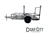 Aluminum softwash trailer with frame racks for equipment transport, ideal for cleaning business use.