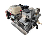 Professional softwash pressure washer pump with gas engine, pressure gauge, and hose connections for exterior cleaning