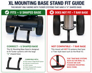 XL Mounting Base Stand fit guide for U-shaped vs T-bar base Tucker systems, compatible with softwash equipment
