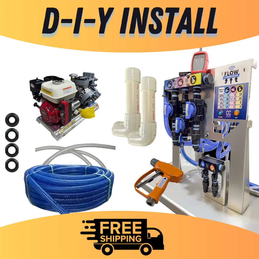 DIY softwash system kit with pump, hoses, Flow Commander, and spray gun for professional cleaning