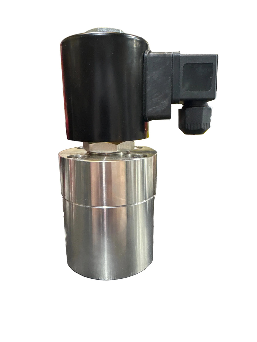 Stainless steel softwash valve with black solenoid actuator for pressure washing systems