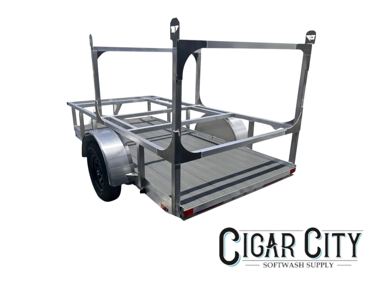Aluminum softwash trailer frame with dual axles and tank mounts for pressure washing equipment