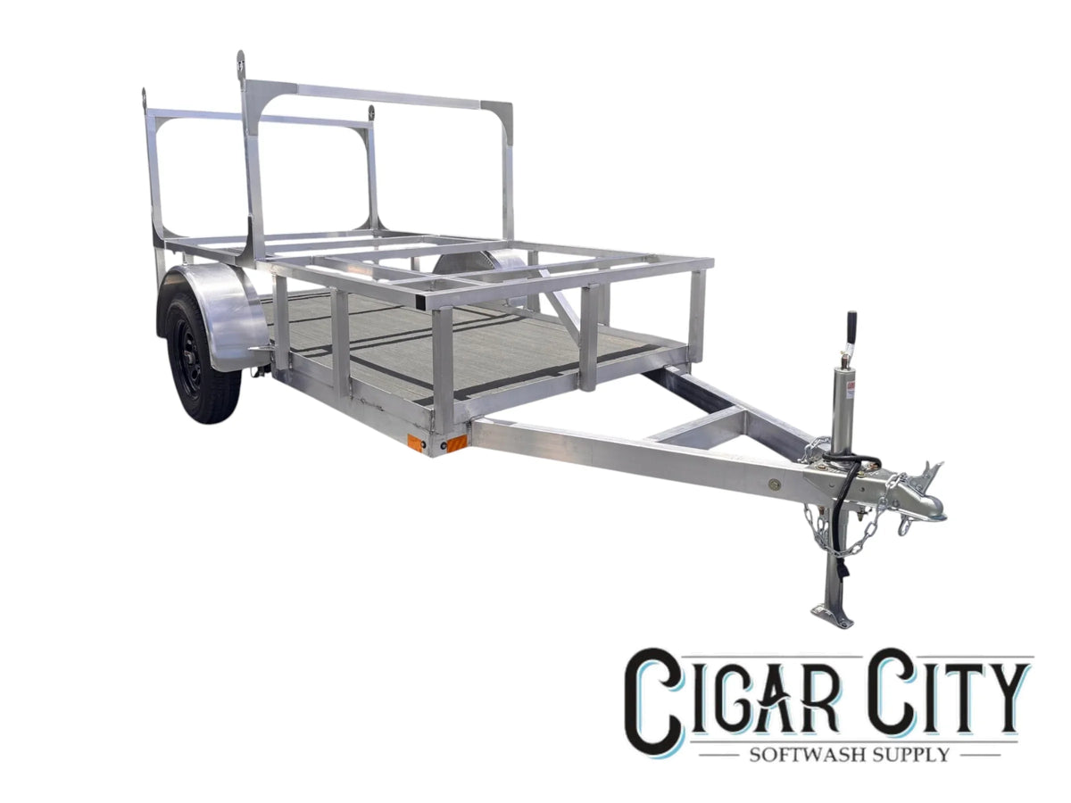 Aluminum softwash equipment trailer with frame and hitch for cleaning business transport