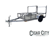 Aluminum utility trailer for softwash equipment transport, ideal for cleaning business gear and tools.