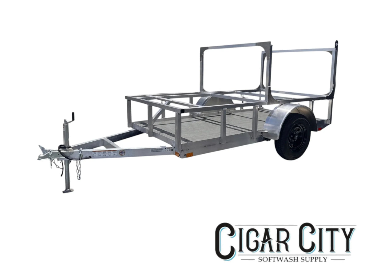 Aluminum utility trailer for softwash equipment transport, ideal for cleaning business gear and tools.
