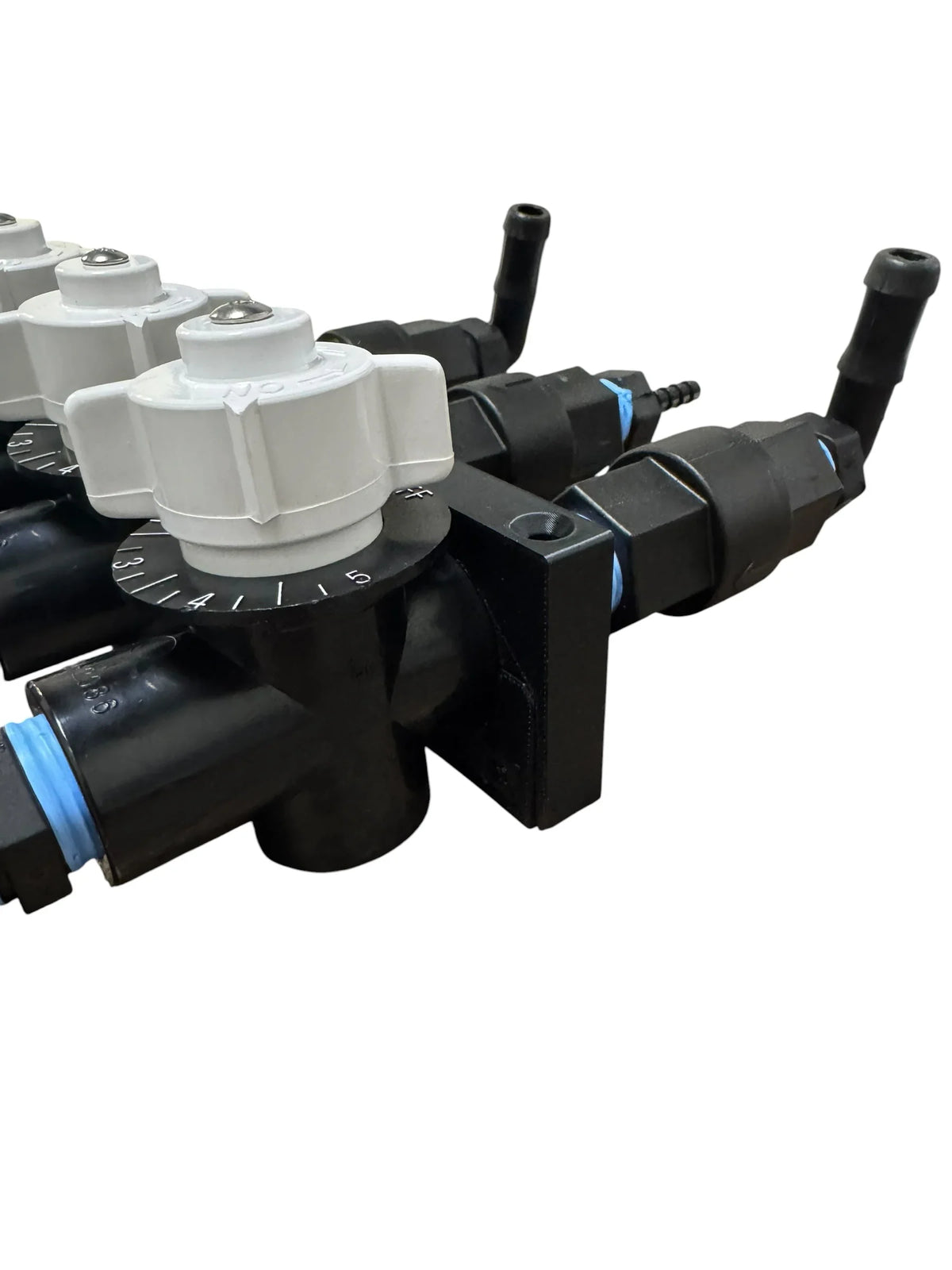 Softwash chemical injector with white adjustment knobs and black connectors for pressure washing systems