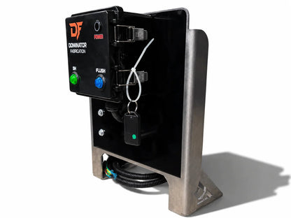 Dominator Fabrication softwash control panel with SH and FLUSH buttons, power indicator, and key fob attachment