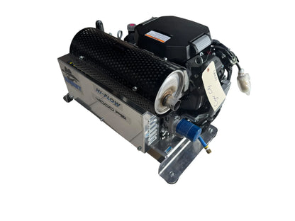 Hi-Flow 4000 PSI softwash pressure washer pump with black perforated cover and blue hose fitting